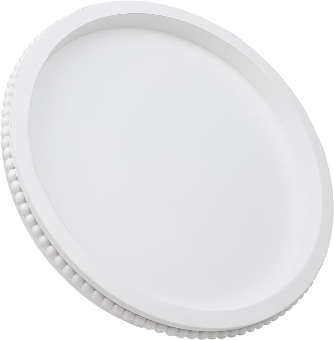 Hrastany Round Wood Serving Tray with Beaded, 13” Rustic Wooden Decorative Coffee Table Tray for Centerpiece, Ottoman, Farmhouse Circle Trays for Counter, Living Room, Home Decor (White)