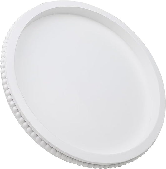 Hrastany Round Wood Serving Tray with Beaded, 13” Rustic Wooden Decorative Coffee Table Tray for Centerpiece, Ottoman, Farmhouse Circle Trays for Counter, Living Room, Home Decor (White)