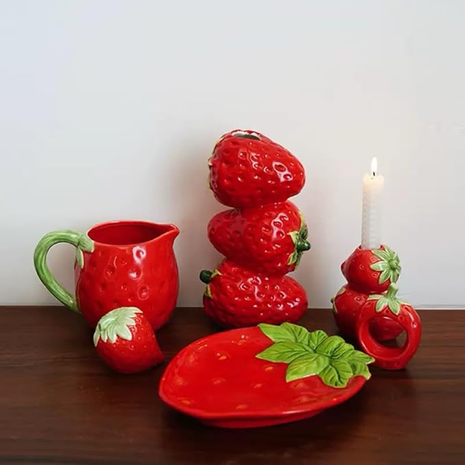 Cute Strawberry Figurine Decor Accent Piece, 7.8 inches Ceramic Strawberry Decor, Red Ceramic Bud Vase Dining Table Centerpieces for Home and Kitchen, Spring Summer Fruit Theme Vase