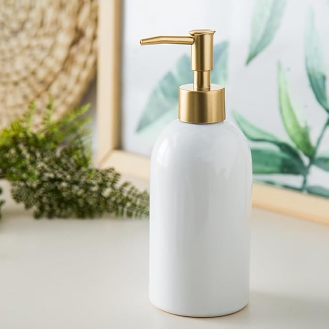 2Pack Ceramic Soap Dispenser White with Gold Pump,Simple Design Cylindrical Lotion Dispenser Bottle,Refillable Liquid Hand Soap Dispenser for Kitchen,Bathroom,Washroom