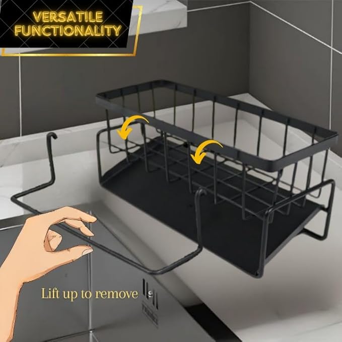 Black Kitchen Sink Caddy Organizer - Sponge Caddy with Self-Draining Tray, Stainless Steel Sink Caddy Kitchen Sink Organizer, Non-Slip Sink Drying Rack for Dishwashing Supplies