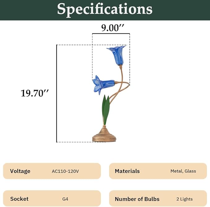 Skyblaze Classic Style Table Lamp with Flower Glass Shade, Elegant Flower Night Light, Art Deco Accent Table Lamp for Bedroom Living Room (Blue, 2 Lights)