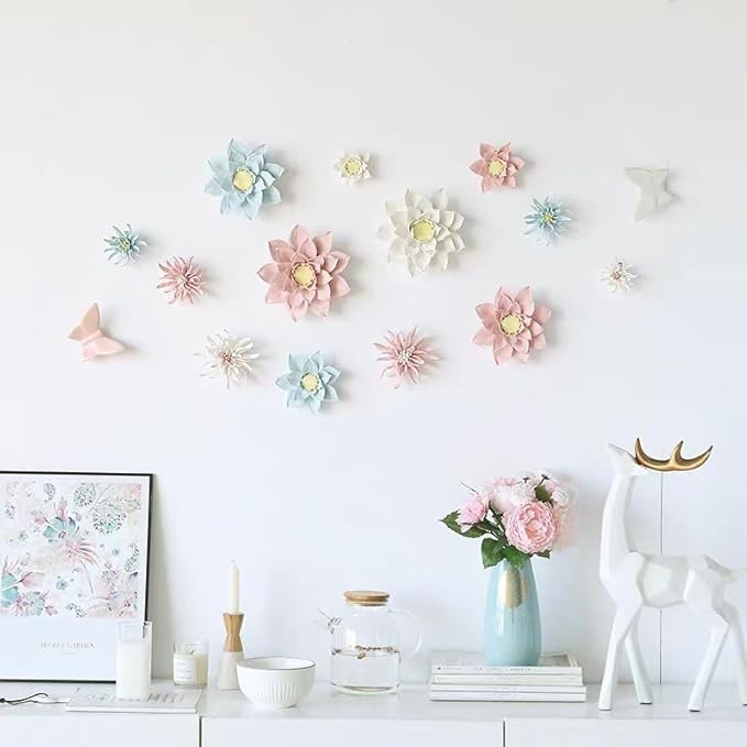 Yimi Flower， 4.72" Ceramic Flower 3D Handmade Porcelain Flower Wall Art Decor, 3D Ceramic Flower Wall Decor, Home Office Decor, Unique Gift for Home Office Decor,Girls (Pink)