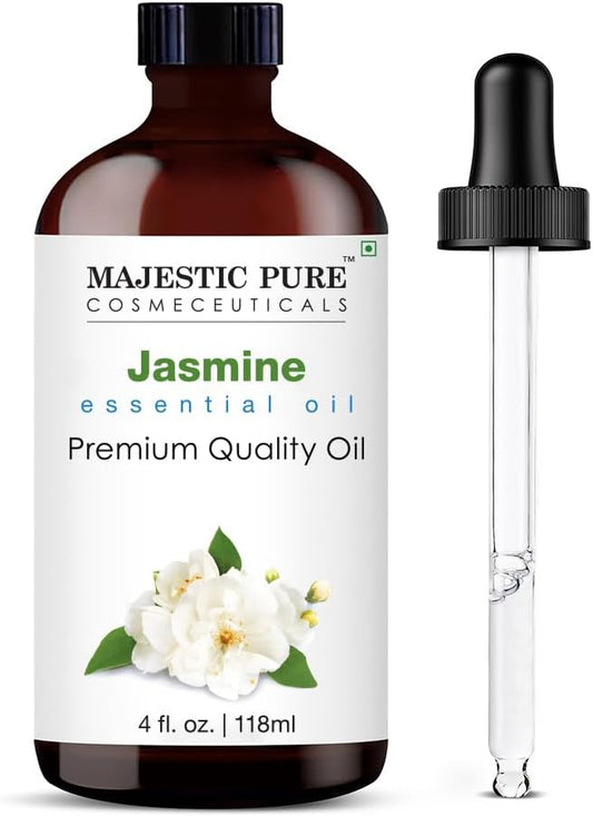 Majestic Pure Essential Oil with Glass Dropper - 100% Pure and Natural - Essential Oils for Diffuser, Aromatherapy, Soap and Candle Making, Jasmine Essential Oil, Jasmine Oil, 4 Fl Oz
