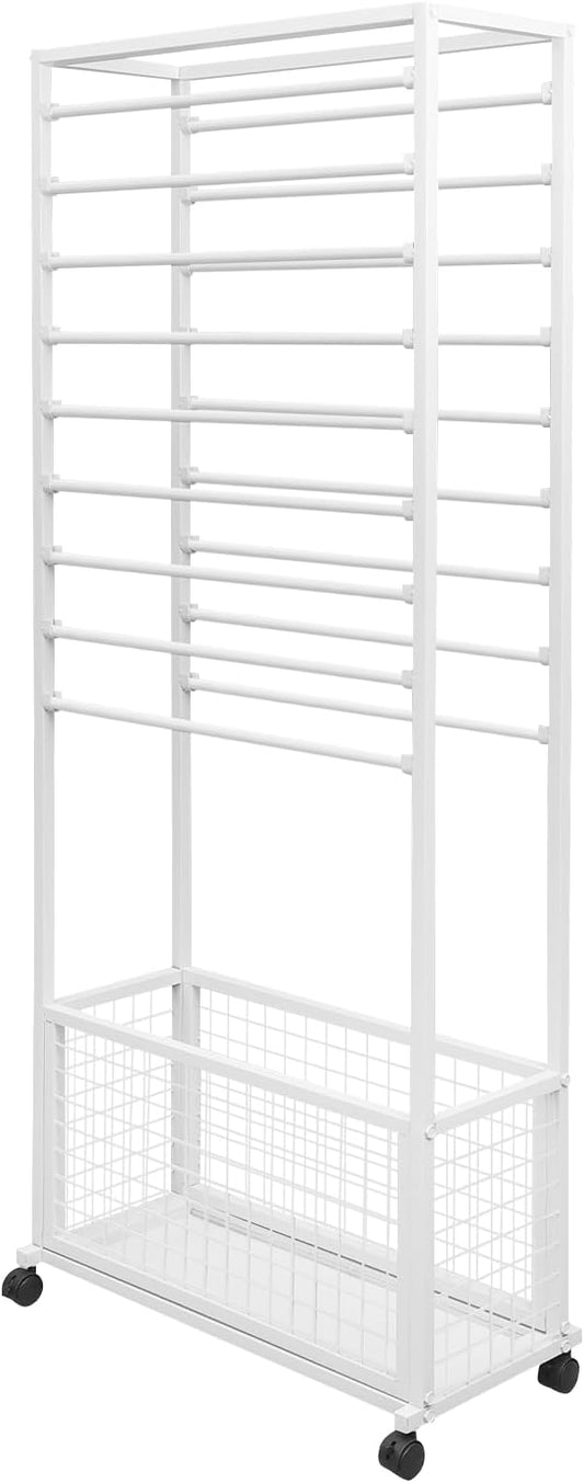 20 Tier Ribbon Holder Organizer Rack, Metal Double-Sided Ribbon Spool Storage Shelf with Wheels, Rolling Flower Wrapping Paper Storage Stand for Craft Room Flower Shop Gift Wrapping(Taller, White)