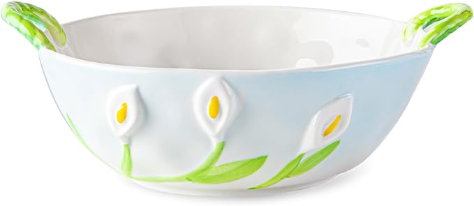 Ceramic Fruit Bowl with Handles, 3D Hand-Painted Calla Lily Floral Design Serving Bowl for Soup, Pasta, Salad and Snacks, 24oz, Microwave & Dishwasher Safe