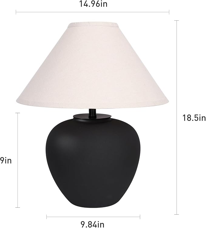 YEPDIN Ceramic Pot Table Lamp 18.5 inch Circular Frosted Nightstand Lamp, Tapered Fabric Shade Bedside, Ceramic Decorative for Living Room Bedroom House Office Entryway, TL1
