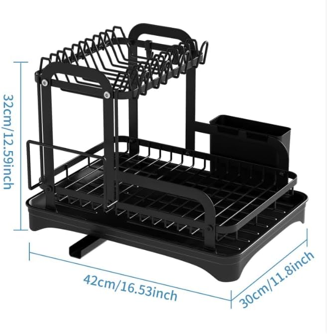 Kitchen Dish Drying Rack, 2-Tier Large Capacity Kitchen Countertop Dish Rack, Metal Dish Rack with Utensil Holder, Cup Holder & Plate Organizer, Black