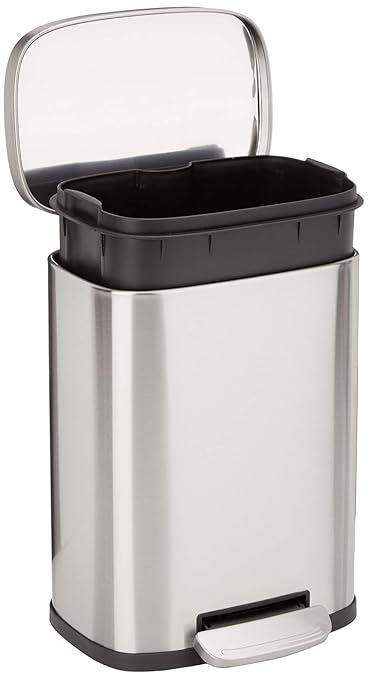 Amazon Basics Smudge Resistant Mini Rectangular Trash Can with Soft-Close Lid, Foot Pedal, Removable Inner Bucket, 5L/1.32 Gal, Brushed Stainless Steel, for Bathroom & Small Space, Satin Nickel Finish