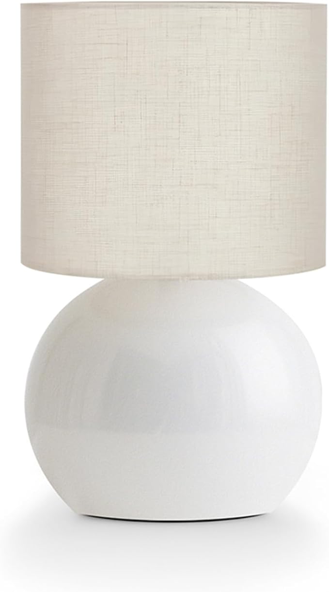 Modern White Small Table Lamp with Cotton Linen Shade, 10.4-inch LED Desk Light, One-Button Switch for Bedroom, Living Room, Nightstand, Includes Warm Light Bulb