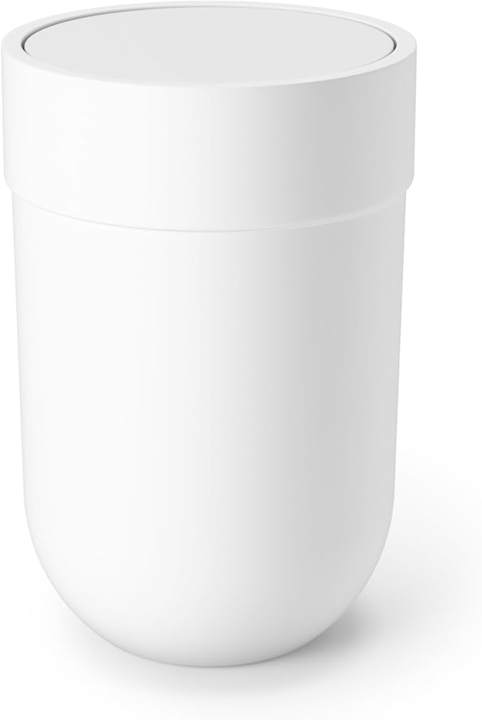 Umbra Touch Trash Can, Small 1.6-Gallon Garbage Bin with Swing Lid, Waste Basket for Bathroom or Office, White