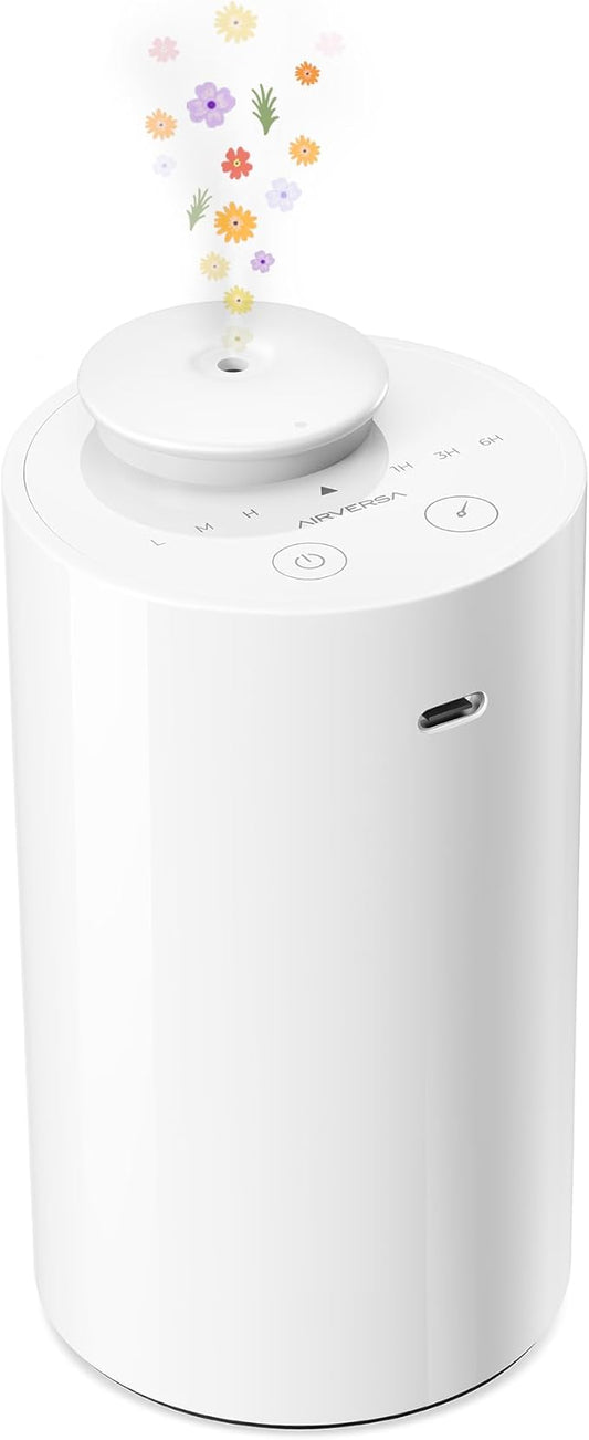 Airversa Waterless Diffuser for Essential Oil, Car Diffsuer, Battery Operated Nebulizer, 0.7 Fl Oz/ 20mL, Mini Scent Air Machine, 3 Timers & 3 Mist Levels for Home, Room, Car, Office - AN6 White