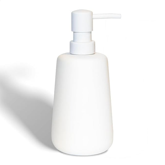 Matte White Ceramic Soap Dispenser, 13 oz Refillable Bathroom or Kitchen Countertop Dispenser with Soft Touch Rubber Coating