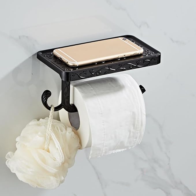 Vintage Toilet Paper Holder Wall Mount Toilet Roll Holder with Shelf and Hook Bronze Antique Bathroom Accessories Toilet Tissue Roll Holder Hanger Aluminum Material (Black)