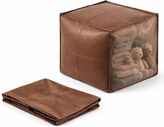 SOFTSOUL DIY Fillable Storage Ottoman – Stuff with Clothes, Blankets or Toys to Create Seat or Footstool, Space-Saving Faux Leather Square Pouf Organizer (Unfilled), 17.7”×17.7”×15.7”