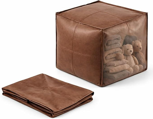 SOFTSOUL DIY Fillable Storage Ottoman – Stuff with Clothes, Blankets or Toys to Create Seat or Footstool, Space-Saving Faux Leather Square Pouf Organizer (Unfilled), 17.7”×17.7”×15.7”