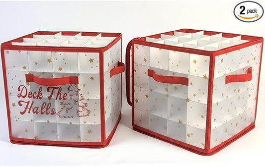 2-Pack Christmas Ornament Organizer Box with Adjustable Dividers for 64 Balls - Frosted Holiday Decor Storage Container, Space-Saving Plastic Christmas Ornaments Protection