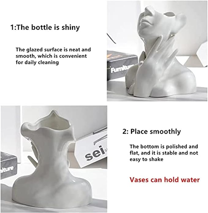 Ceramic Face Vase, White Flower Vases for Decor Female Form Head Half Body Vase Boho Unique Decorative Modern Style for Home Living Room Office Book Shelf (Medium)
