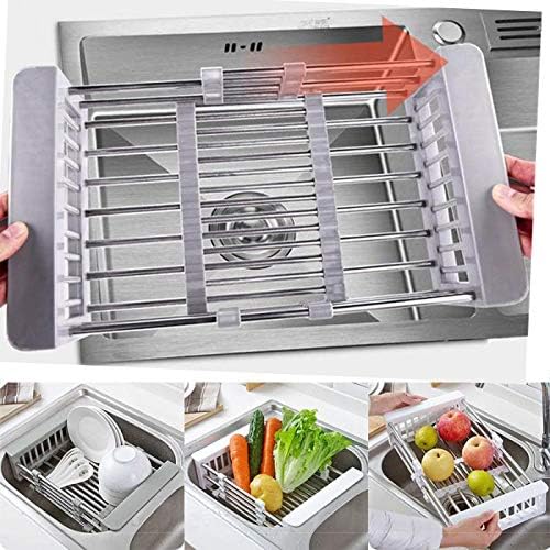 CARNAVAL Stainless Steel Kitchen Drying Rack, Retractable Drain Basket with Adjustable Armrest, Over The Sink Dish Drying Rack