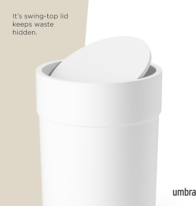 Umbra Touch Trash Can, Small 1.6-Gallon Garbage Bin with Swing Lid, Waste Basket for Bathroom or Office, White