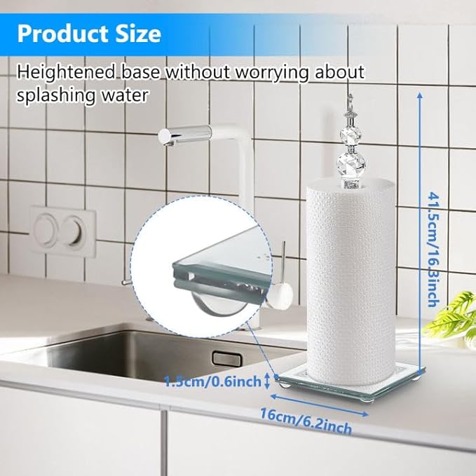 Crystal Paper Towel Holder, Bling Silver Paper Towel Roll Holder, Decor Standing Paper Towel Holder with Weighted Base, Paper Towel Dispenser for Kitchen Countertops Bathroom, Anti Slip(Square/Silver)