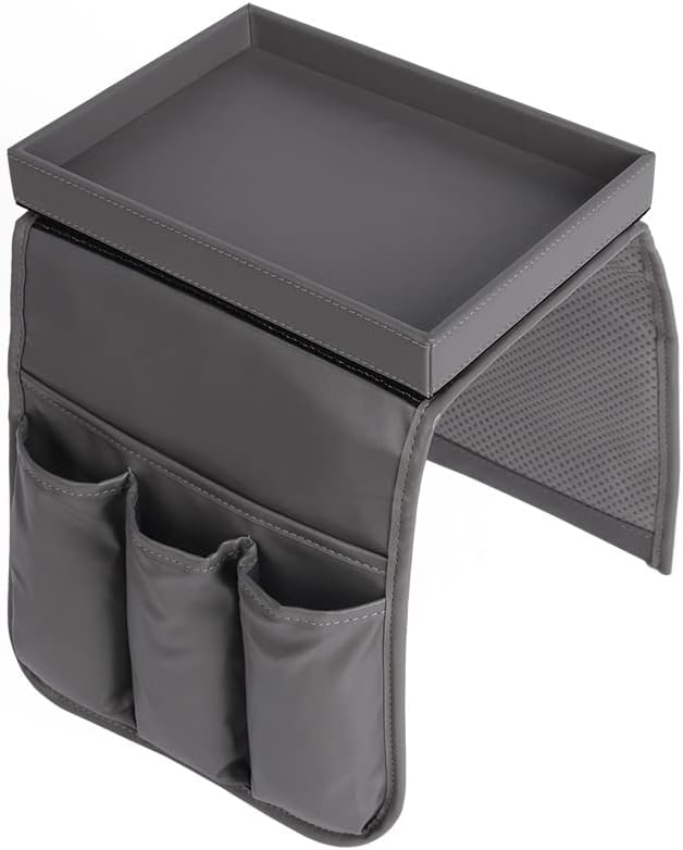 Couch Caddy, Armchair caddy with Detachable Tray, Non-Slip PU Leather Remote Control Holder for Recliner with 5 Pockets (Light Grey)