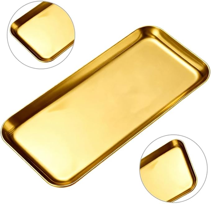 2 Pack Stainless Steel Decorative Tray, 9 Inch Gold Trays for Decor, Jewelry Tray Cosmetics Organizer for Holding Perfume, Keys, Candle (Rectangle)