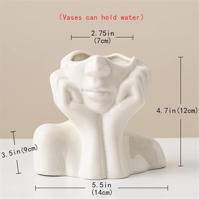 Ceramic Face Vase, White Flower Vases for Decor Female Form Head Half Body Vase Boho Unique Decorative Modern Style for Home Living Room Office Book Shelf (Medium)