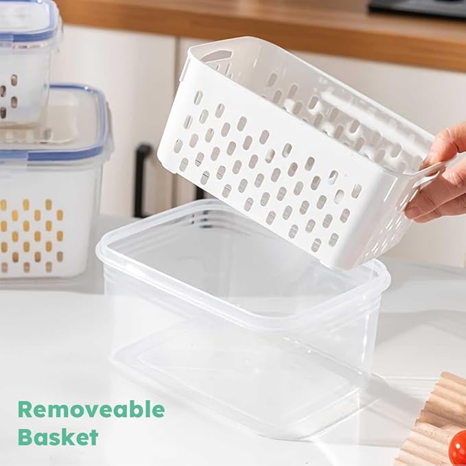 2 Pcs Fruit Storage Containers for Fridge,with Removable Colanders and Lid Food Storage Containers Fruit Washing Bowl for Salad Vegetables Meat Keeper Fresh(COLOR:Clear White)