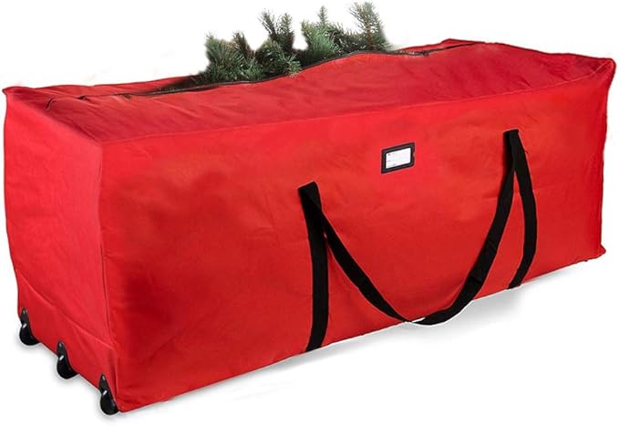 ProPik Christmas Rolling Tree Storage Bag, Fits Up to 9 Ft Tall Disassembled Trees, 28" X 16.5" X 60", Extra Large Heavy Duty Storage Container with Wheels & Handles, 600D Oxford (Red)