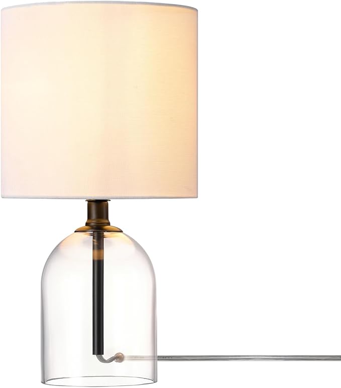 Globe Electric 15-Inch Table Lamp, Glass Base, Matte Black, White Linen Shade, Rotary Switch on Socket, 61000141