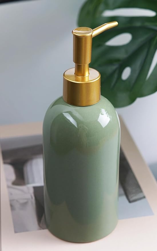 Ceramic Soap Dispenser Green with Gold Pump,Simple Design Cylindrical Lotion Dispenser Bottle,Refillable Liquid Hand Soap Dispenser for Kitchen,Bathroom,Washroom
