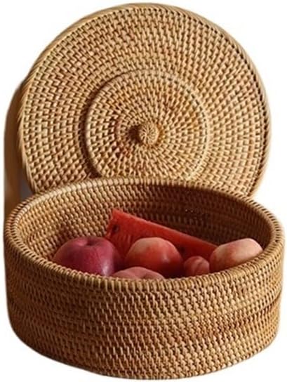 Fengyan Storage Natural Autumn Rattan Storage Basket, Dining Coffee Table Plate, Braided Nut Ornaments with Lid(Large)