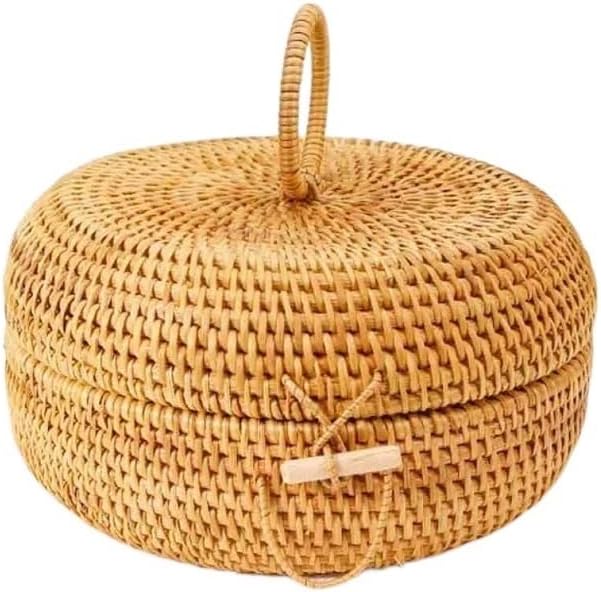 Fengyan Storage Natural Autumn Rattan Storage Basket, Dining Coffee Table Plate, Braided Round Ornaments with Lid and Buckle(Large)