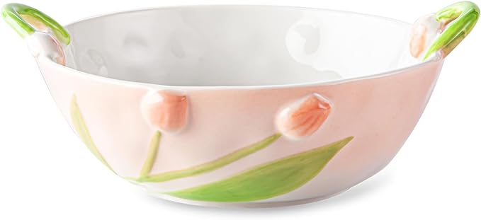 Ceramic Fruit Bowl with Handles, 3D Hand-Painted Lutip Floral Design Serving Bowl for Soup, Pasta, Salad and Snacks, 24oz, Microwave & Dishwasher Safe