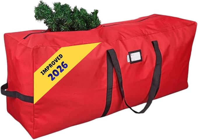 Primode Heavy Duty Christmas Tree Storage Bag | Fits Up to 9 Ft. Tall Disassembled Tree | 25" Height X 20" Wide X 65" Long | Durable 600D Oxford Material | Heavy Duty Xmas Storage Container (Red)