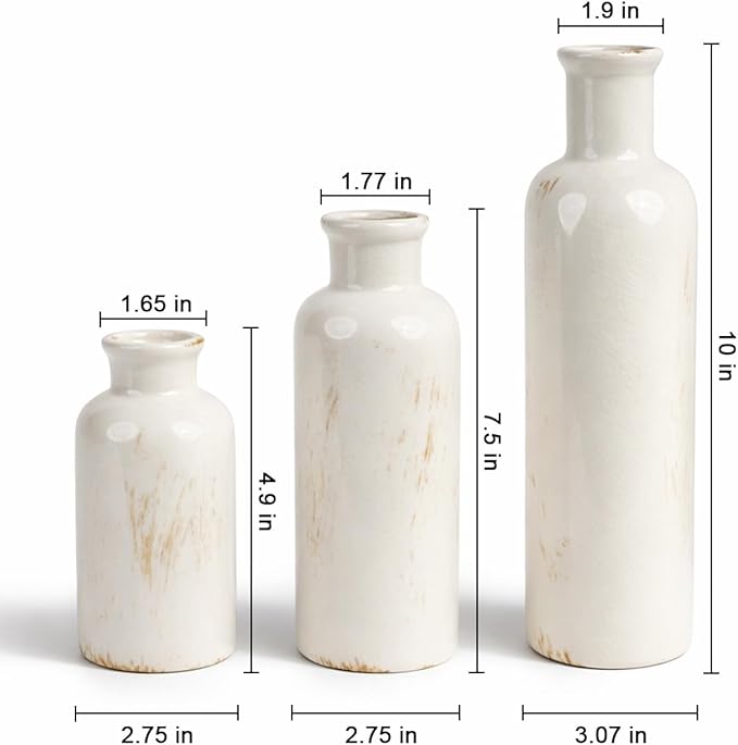 White Ceramic 3 Piece Vase Set, Vintage Farmhouse Decorative Home Decor Vases for Living Room & Kitchen, Distressed Crackle Glaze Flower Vases for Table Bookshelf Mantel & Office