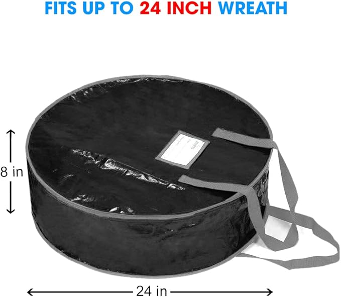 Wreath Storage Bag By Propik 24" - Garland Holiday Container Tear Resistant Material - Easy Storage Featuring Heavy Duty Handles And Transparent Card Slot 24” X 24” X 8” (Black)