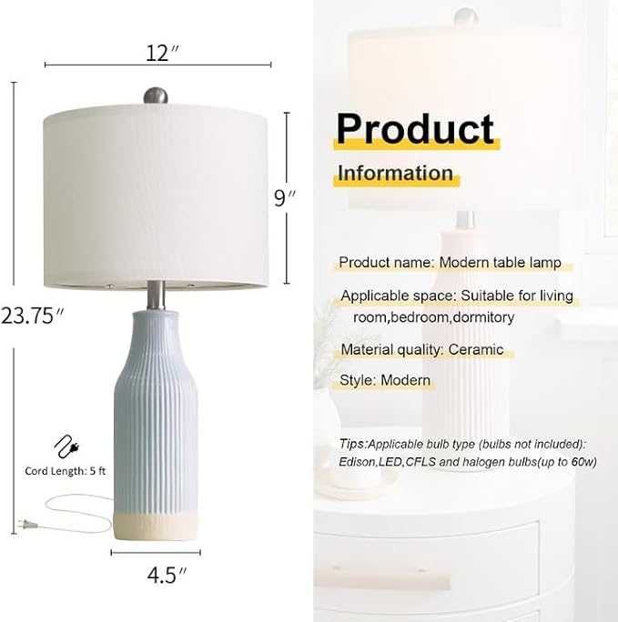 USumkky 23.75inch Light Blue Modern Ceramic Bedside Lamp Set of 2 with 5FT Cord for Bedroom Decor Farmhouse Table Lamp for Living Room Office Dorm