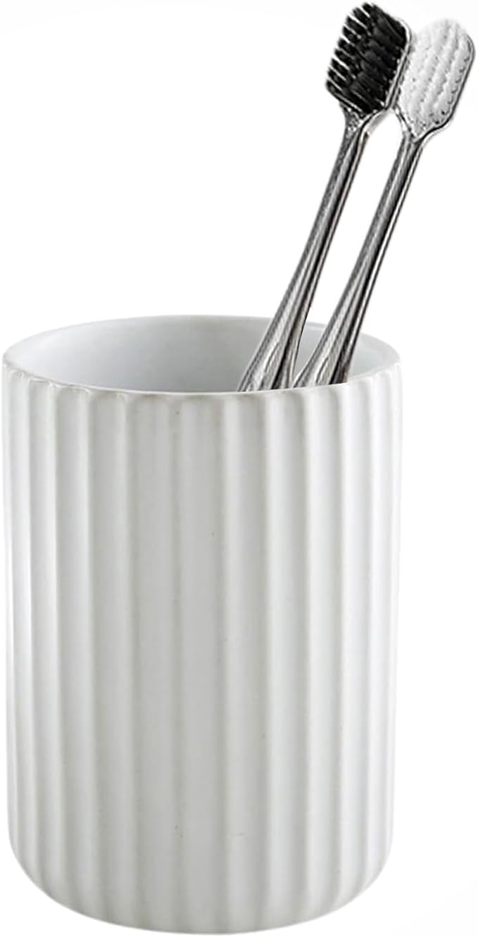 Ceramic Toothbrush Holder for Bathroom, Ceramic Toothbrush Cup, Toothpaste Organizer for Bathroom Countertop, Bathroom Storage Organizer (White)