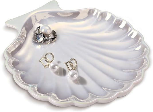 AISBUGUR Shell Ring Holder Dish, Shell Jewelry Tray, Trinket Dish, Cute Decorations for Coastal Home Decor, Bathroom Decor, 5.5", White