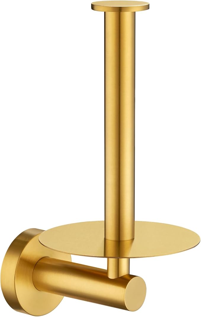 Vertical Tray Toilet Paper Holder, Aomasi 304 Stainless Steel Tissue Roll Hanger with Round Plate, Brushed Gold Bathroom Kitchen Paper Roll Dispenser Wall Mounted