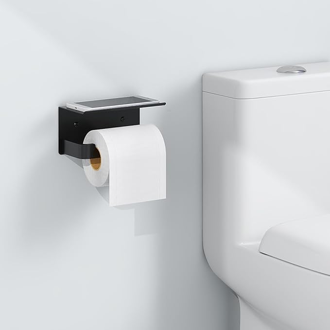 Gypie Toilet Paper Holder with Phone Shelf, Matte Black Toilet Paper Holder Wall Mount, Rustproof Stainless Steel Bathroom Storage