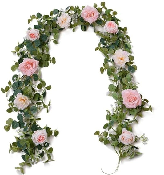 Anna's Whimsy 2PCS 5.91FT Artificial Eucalyptus Garland with Flowers, Fake Rose Gypsophila Garland, Faux Floral Garlands Greenery for Wedding Spring Home Party Table Runner Decor (Pink)
