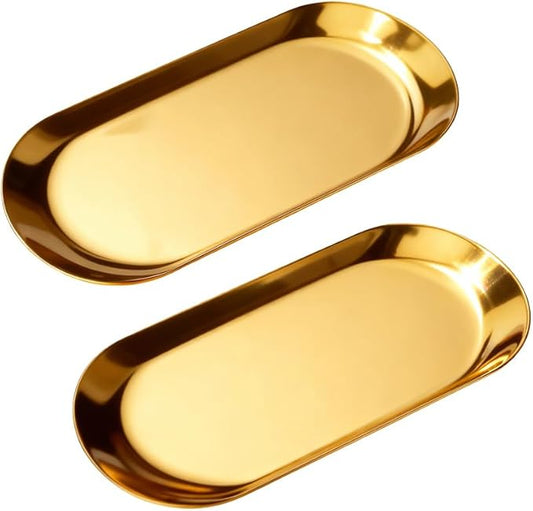 2 Pack Stainless Steel Decorative Tray, 9 Inch Gold Trays for Decor, Jewelry Tray Cosmetics Organizer for Holding Perfume, Keys, Candle (Oval)
