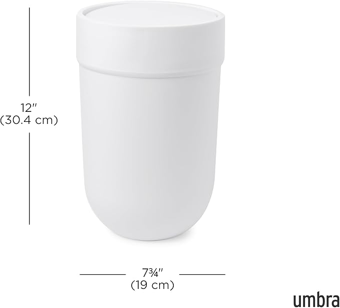 Umbra Touch Trash Can, Small 1.6-Gallon Garbage Bin with Swing Lid, Waste Basket for Bathroom or Office, White