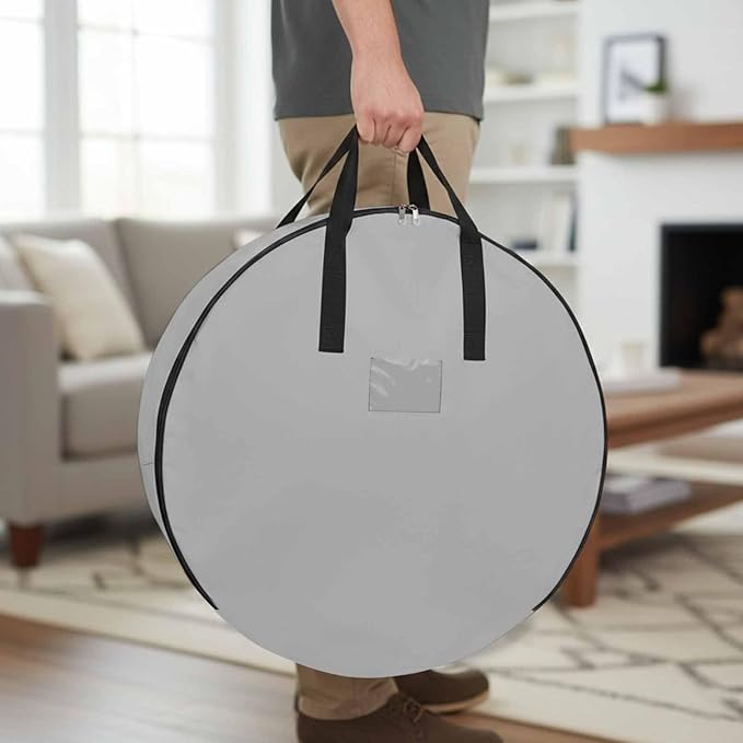 24 Inch Round Storage Bag 2 Pack,Grey Solid Color Waterproof Wreath Storage Container with Handles&Zipper Minimalist Art Closet Organizer Bags Garland Box