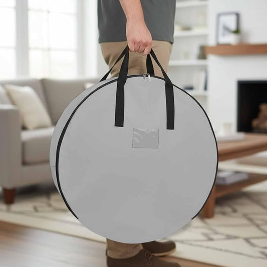 30 Inch Round Storage Bag 1 Pack,Grey Solid Color Waterproof Wreath Storage Container with Handles&Zipper Minimalist Art Closet Organizer Bags Garland Box
