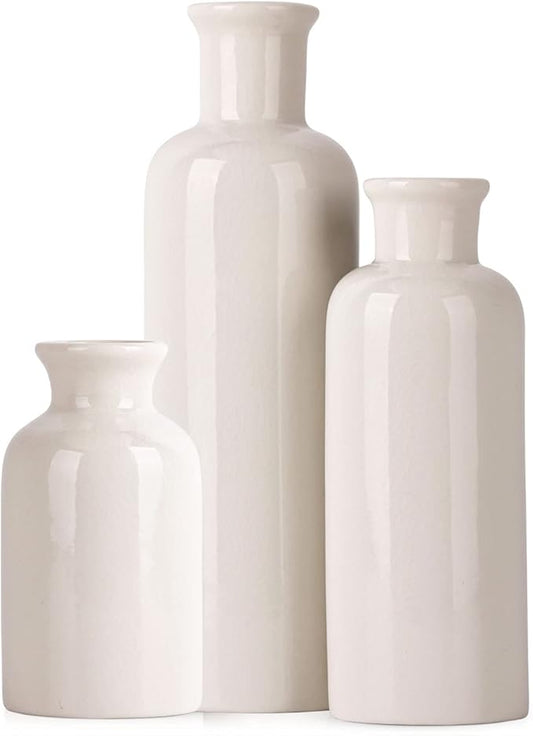 White Ceramic Vase Set - 3 White Small Vases, Farmhouse Country Flower Vase Home Decor, Living Room Decoration, Table Decoration, Fireplace Decor, and Entrance Decorations Centerpieces