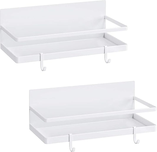 Magnetic Spice Rack, Thipoten Strong Magnetic Shelf with 2 Removable Hooks, Perfect Space Saver for Small Kitchen/ Apartment, Awesome Metal Cabinet for Holding Spices, Jars, Salt (White, 2Pack)